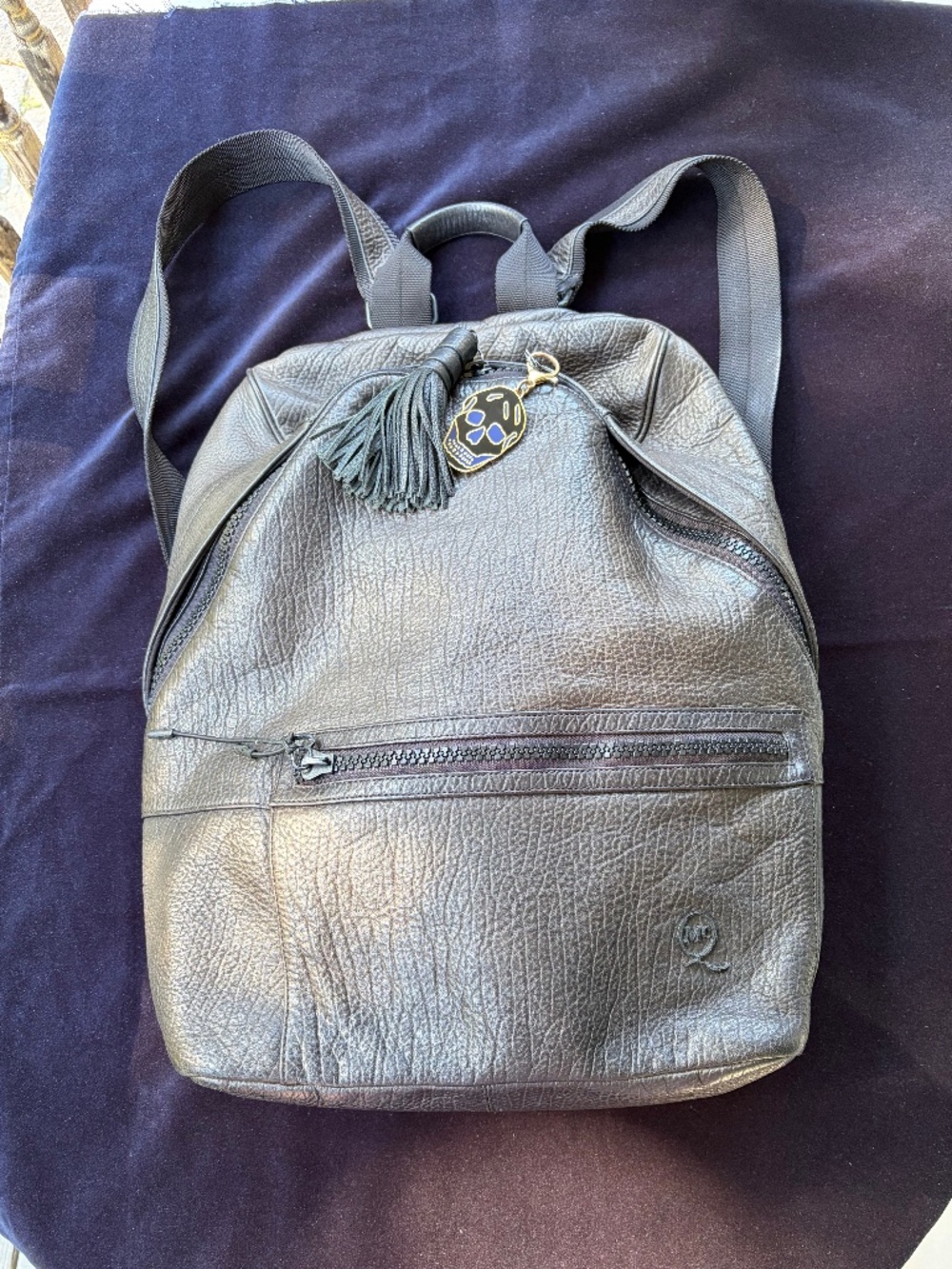 Alexander McQueen large pebbled leather backpack with keychain, 17 x 17 x 6 in